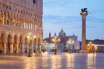 Empty San Marco square with Doge palace and column with lion statue, nobody in the early morning in...