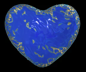 Tuinposter heart made in golden shining metallic 3D with blue paint isolated on black background. © lotus_studio