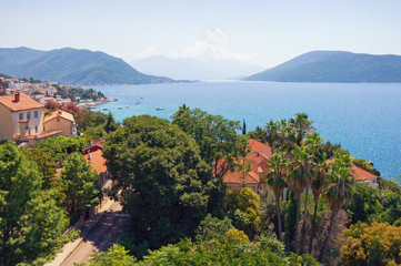 Fototapeta na wymiar Summer Mediterranean landscape. Montenegro. View of Bay of Kotor and coastal city of Herceg Novi