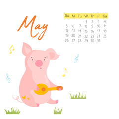 2019 calendar with funny pig. Monthly page.