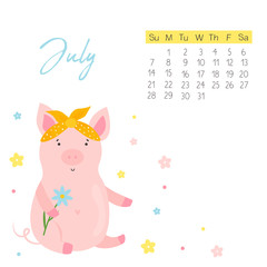 2019 calendar with funny pig. Monthly page.