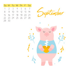 2019 calendar with funny pig. Monthly page.