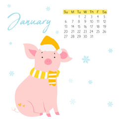 2019 calendar with funny pig. Monthly page.