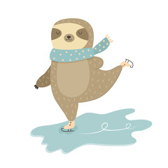 Funny sloth in scarf skating on ice. Winter design