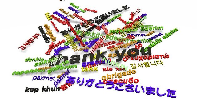 3d thank you word from many countries falling and collide
