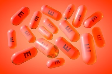 Transparent vitamin E capsules. Alpha-tocopherol pills. Vitamin and mineral complex. Medical background. 3d illustration