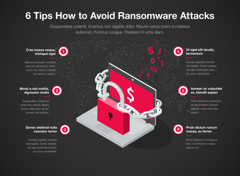 Simple infographic for 6 tips how to avoid ransomware attacks with laptop, red padlock and chain isolated on dark background. Easy to use for your website or presentation.