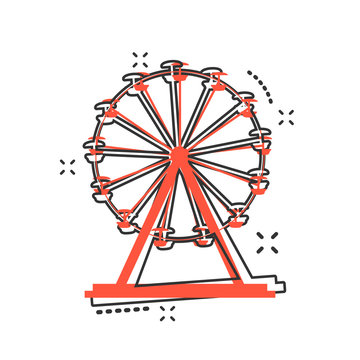 Vector cartoon ferris wheel icon in comic style. Carousel in park sign illustration pictogram. Amusement ride business splash effect concept.