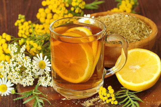 Herbal tea. Detox drink with wild herbs and lemon