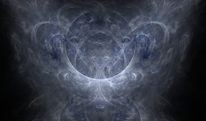 Beautiful Whirl - Fractal flame. Has mirror symmetry, a central circular feature and swirly details. Predominant colors: gray and blue. Background: black.