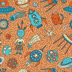 Naklejka premium Seamless pattern with funny cartoon space elements
