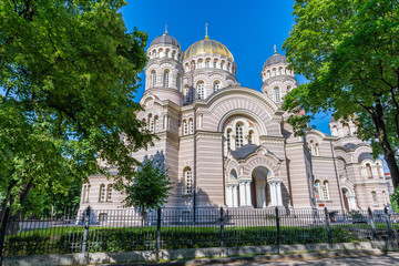 Fototapeta na wymiar Riga Nativity of Christ Cathedral, Latvia was built in a Neo-Byzantine style between 1876 and 1883