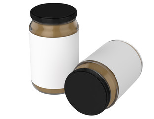 3D realistic render of peanut Butter on white background. Black lid. Empty label. Clipping path.