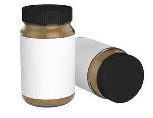 3D realistic render of peanut Butter on white background. Black lid. Empty label. Clipping path.