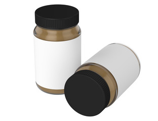 3D realistic render of peanut Butter on white background. Black lid. Empty label. Clipping path.