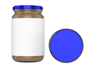 3D realistic render of peanut Butter on white background. Blue lid. Empty label. Clipping path.