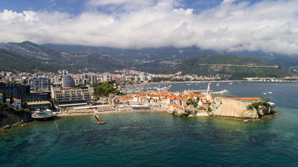 Obraz premium Aerial beautiful panoramic view at old town in Budva.