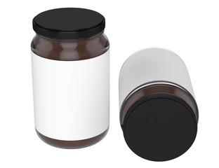Pack of Glass jars with black cap filled with chocolate spread. Clipping path. Empty label.