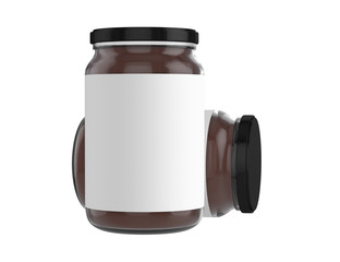 Pack of Glass jars with black cap filled with chocolate spread. Clipping path. Empty label.