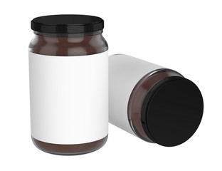 Pack of Glass jars with black cap filled with chocolate spread. Clipping path. Empty label.