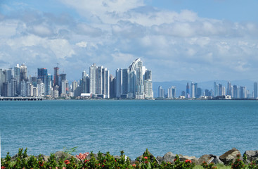   Panoramic view of the modern skyline of Panama City in the Pacific coast of Panama.