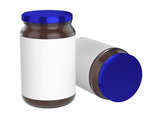 Pack of Glass jars with blue cap filled with chocolate spread. Clipping path. Empty label.