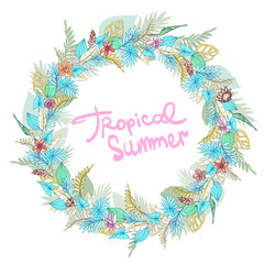 Summer tropical background with exotic palm leaves and plants. floral background.