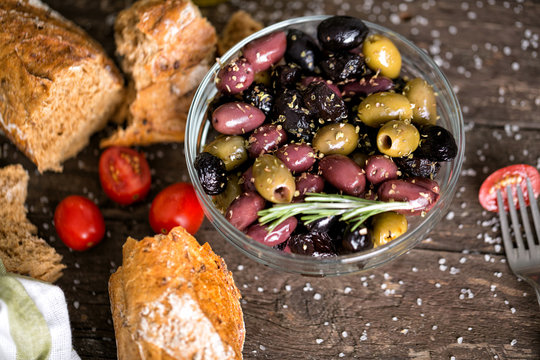 Mediterranean olives for salad top view top view.