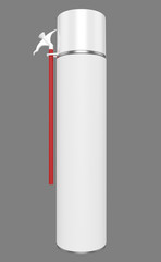 3D realistic render of small contstruction foam can. With white lid, transparent spray nozzle and red hose. Isolated on gray background.