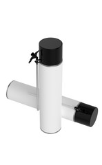 3D realistic render of big contstruction foam can. With black lid, black spray nozzle and transparent hose. Isolated on white background.