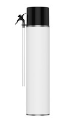 3D realistic render of big contstruction foam can. With black lid, black spray nozzle and transparent hose. Isolated on white background.