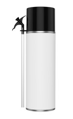 3D realistic render of small contstruction foam can. With black lid, black spray nozzle and transparent hose. Isolated on white background.