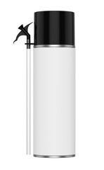 3D realistic render of small contstruction foam can. With black lid, black spray nozzle and transparent hose. Isolated on white background.