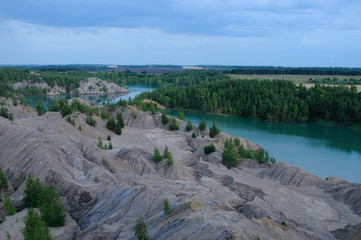 Brown coal open pit /View from the top of the hill over the former brown coal open pits filled now by waters, Ushakov open pits, Tula region, Russia