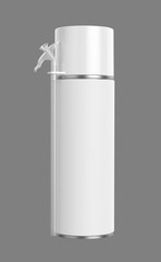 3D realistic render of small contstruction foam can. With white lid, transparent spray nozzle and transparent hose. Isolated on gray background.
