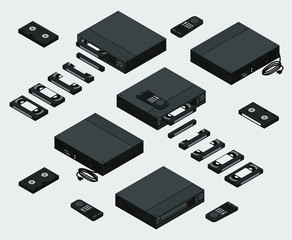Isometric Vintage Black VCR with inserted cassette; Old Video Cassette Recorder with remote control and VHS tape shown from different sides flat design; 