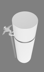 3D realistic render of small contstruction foam can. With white lid, transparent spray nozzle and transparent hose. Isolated on gray background.