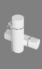 3D realistic render of small contstruction foam can. With white lid, transparent spray nozzle and transparent hose. Isolated on gray background.