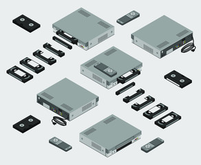 Isometric Vintage Gray VCR with inserted cassette; Old Video Cassette Recorder with remote control and VHS tape shown from different sides flat design