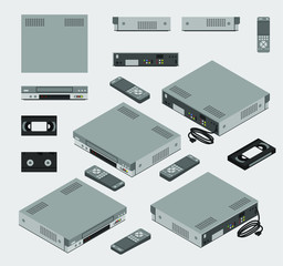 Isometric Vintage Gray VCR; Old Video Cassette Recorder with remote control and VHS tape shown from different sides flat design; 