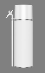 3D realistic render of small contstruction foam can. With white lid, transparent spray nozzle and transparent hose. Isolated on gray background.