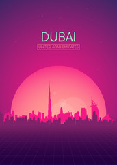 Naklejka premium Podróże ilustracje wektory plakat, futurystyczny retro panoramę Dubaju
