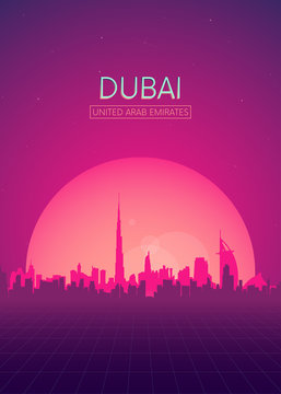 Travel poster vectors illustrations, Futuristic retro skyline Dubai