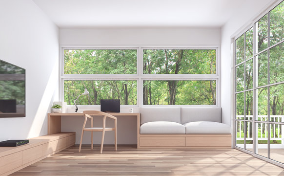 Modern living room and working conner with nature view 3d render.The room has wooden floor and white wall.furnished with wood furniture.There are large windows look out to see the nature
