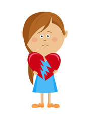 Unhappy little girl holding a broken heart