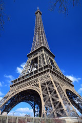 The iconic Eiffel Tower in Paris, as taken from the Champ Du Mars on a spring day