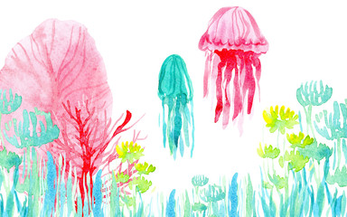 Illustration panorama with watercolor marine life, colorful seaweed, jellyfish