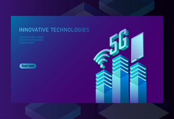5G new wireless internet wifi connection. Smartphone mobile device isometric blue 3d flat. Global network high speed innovation connection data rate technology white card banner vector illustration