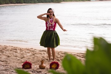Hawaii hula dancer in costume dancing