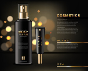 Black cosmetics bottles Vector realistic. Product packaging mock up. Golden shiny background bokeh effect. 3d detailed illustrations